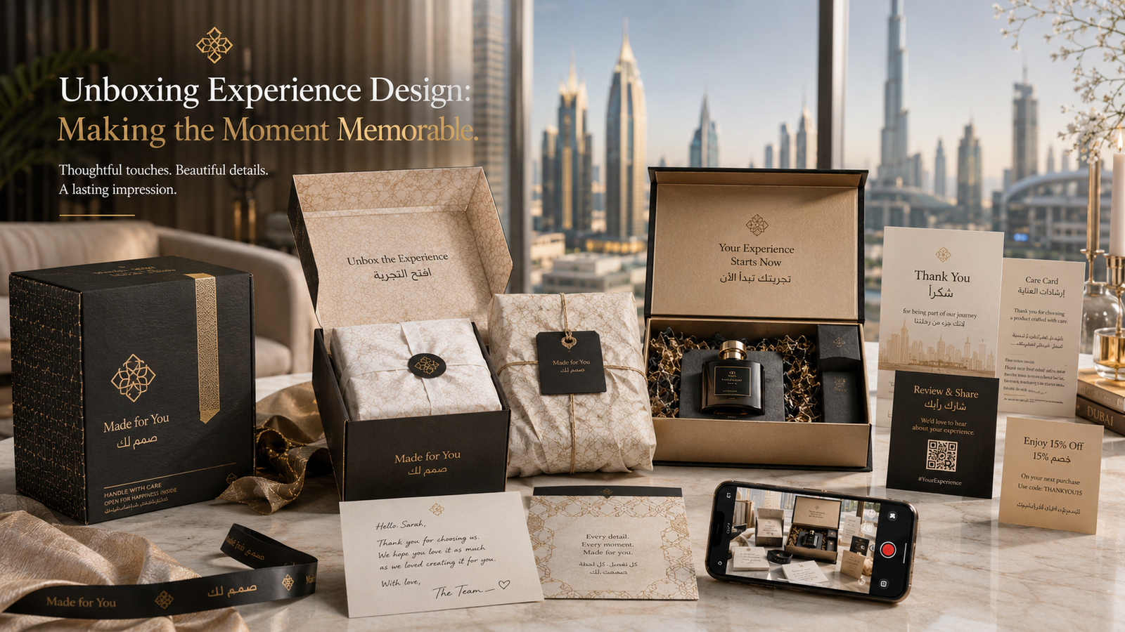 Premium unboxing experience design UAE with branded boxes, custom tissue paper, bilingual English-Arabic inserts, thank-you cards, product reveal packaging and smartphone social media recording in a Dubai setting.