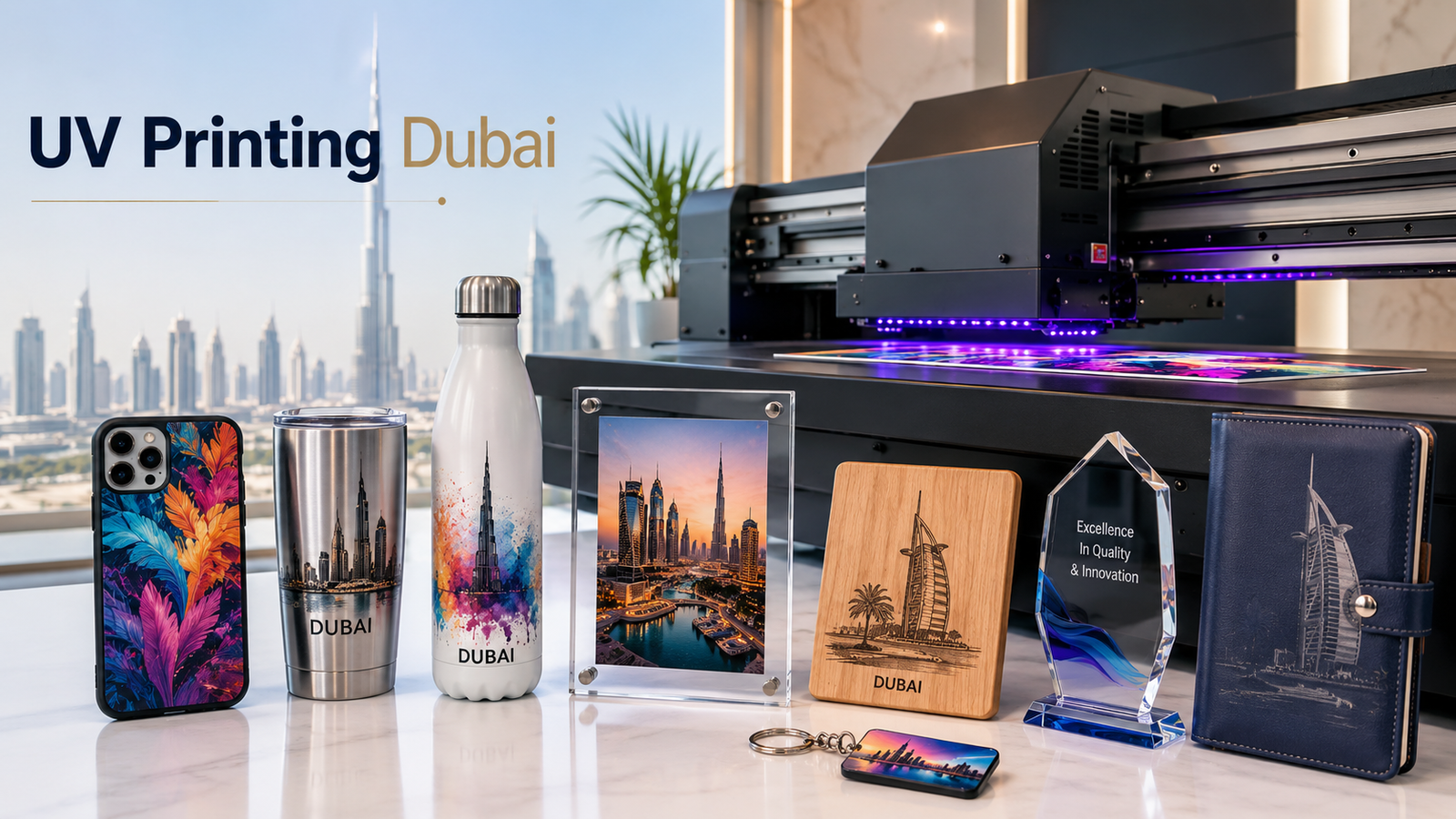 UV Printing Dubai hero image showing direct-to-object full-colour printing on phone cases, stainless steel tumblers, water bottles, acrylic photo frames, wooden plaques, crystal awards, leather notebooks, keychains, and hard surfaces with same-day Dubai UV printing.