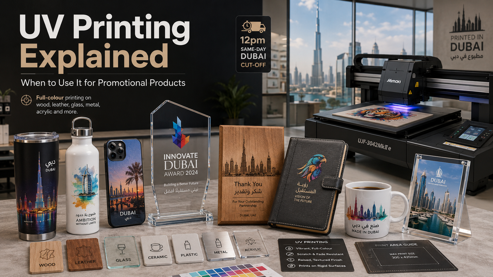 UV printing promotional products hero image showing Dubai print studio, UV flatbed printer, branded tumblers, bottles, phone cases, acrylic awards, wooden plaques, leather notebooks, and bilingual printed gifts.