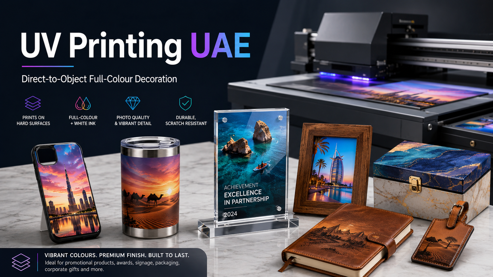 uv printing uae - printshop4me.ae UV Printing UAE hero image showing direct-to-object full-colour printing on phone cases, tumblers, acrylic plaques, wooden photo frames, gift boxes, leather notebooks, tags, hard surfaces, white ink underbase, and premium UV print finishing.