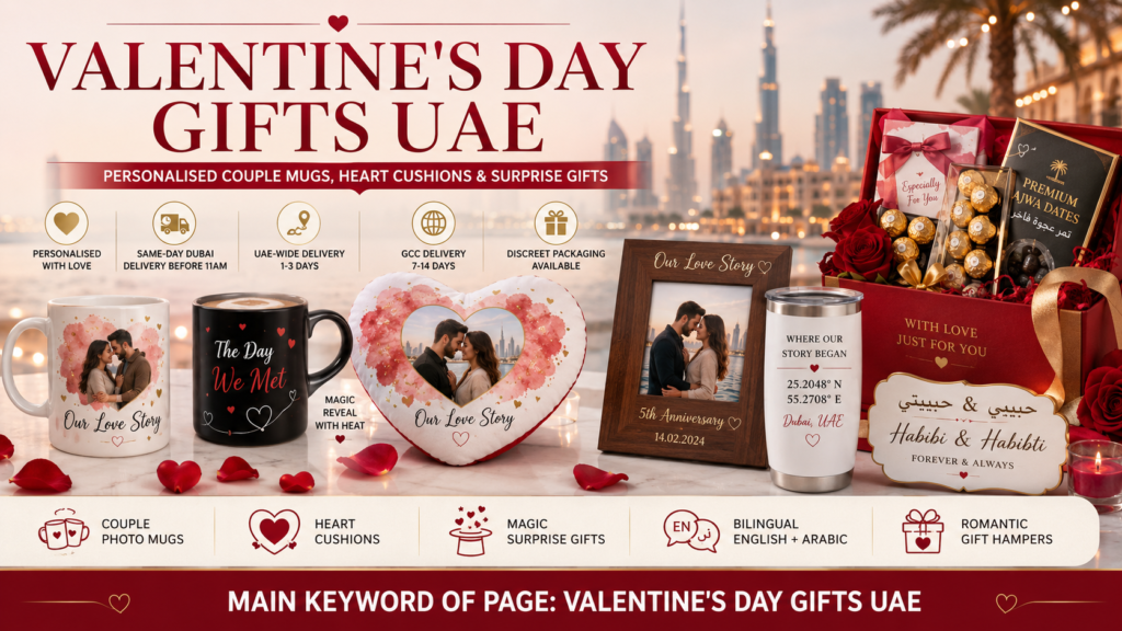 Valentine’s Day gifts UAE including personalised couple photo mugs, magic surprise mug, heart-shaped cushion, engraved photo frame, coordinates tumbler, roses and romantic gift hamper.