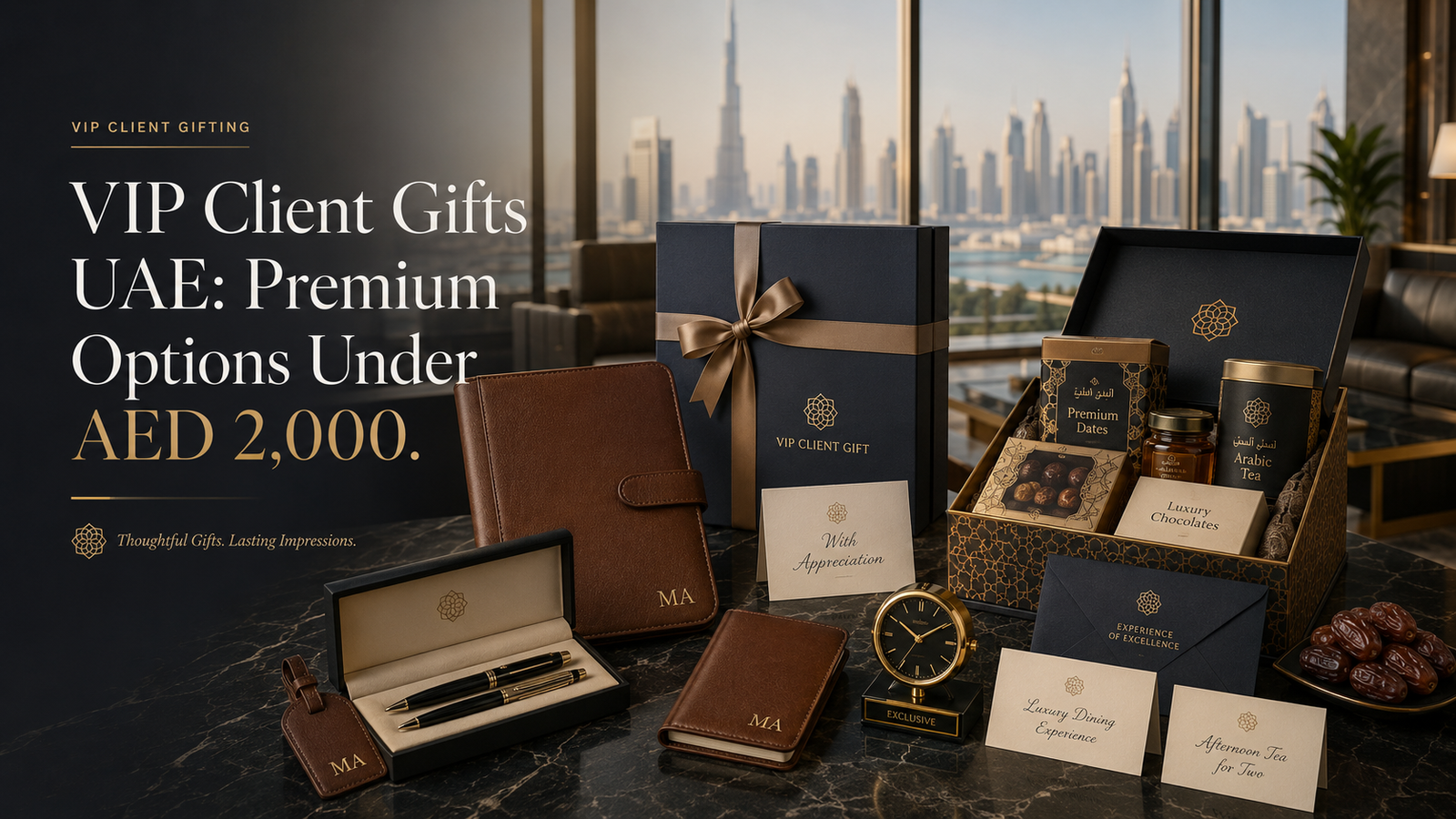 VIP Client Gifts UAE hero image showing personalised leather goods, executive pen set, luxury hamper, premium dates, dining voucher and gift boxes under AED 2,000.