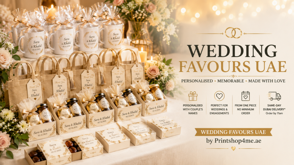 Wedding favours UAE — personalised mini hampers, dates boxes, and mugs arranged on a wedding venue table.