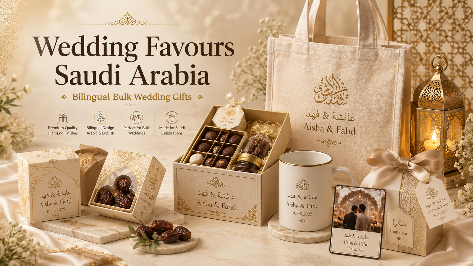 Wedding Favours Saudi Arabia hero image showing bilingual Arabic-English wedding mugs, mini hampers, dates boxes, tote bags, lanterns, photo magnets, and premium bulk wedding gifts.