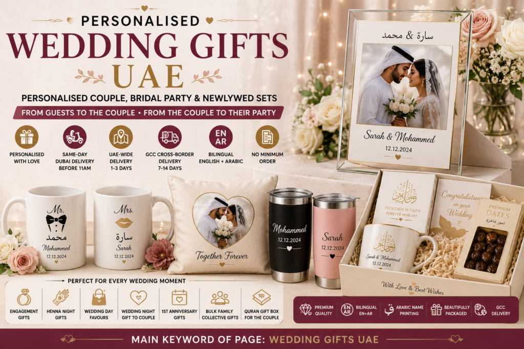 Wedding gifts UAE including personalised couple mugs, bilingual Arabic wedding photo frame, newlywed cushion, engraved tumbler set, Quran gift box, dates box and premium wedding hamper.