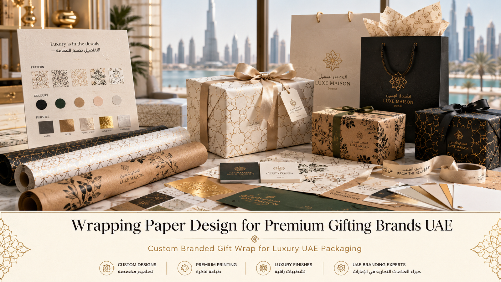 Wrapping paper design UAE hero image showing custom branded gift wrap, kraft rolls, coated paper, satin finishes, foil stamping, bilingual EN+AR patterns, and luxury gift packaging.