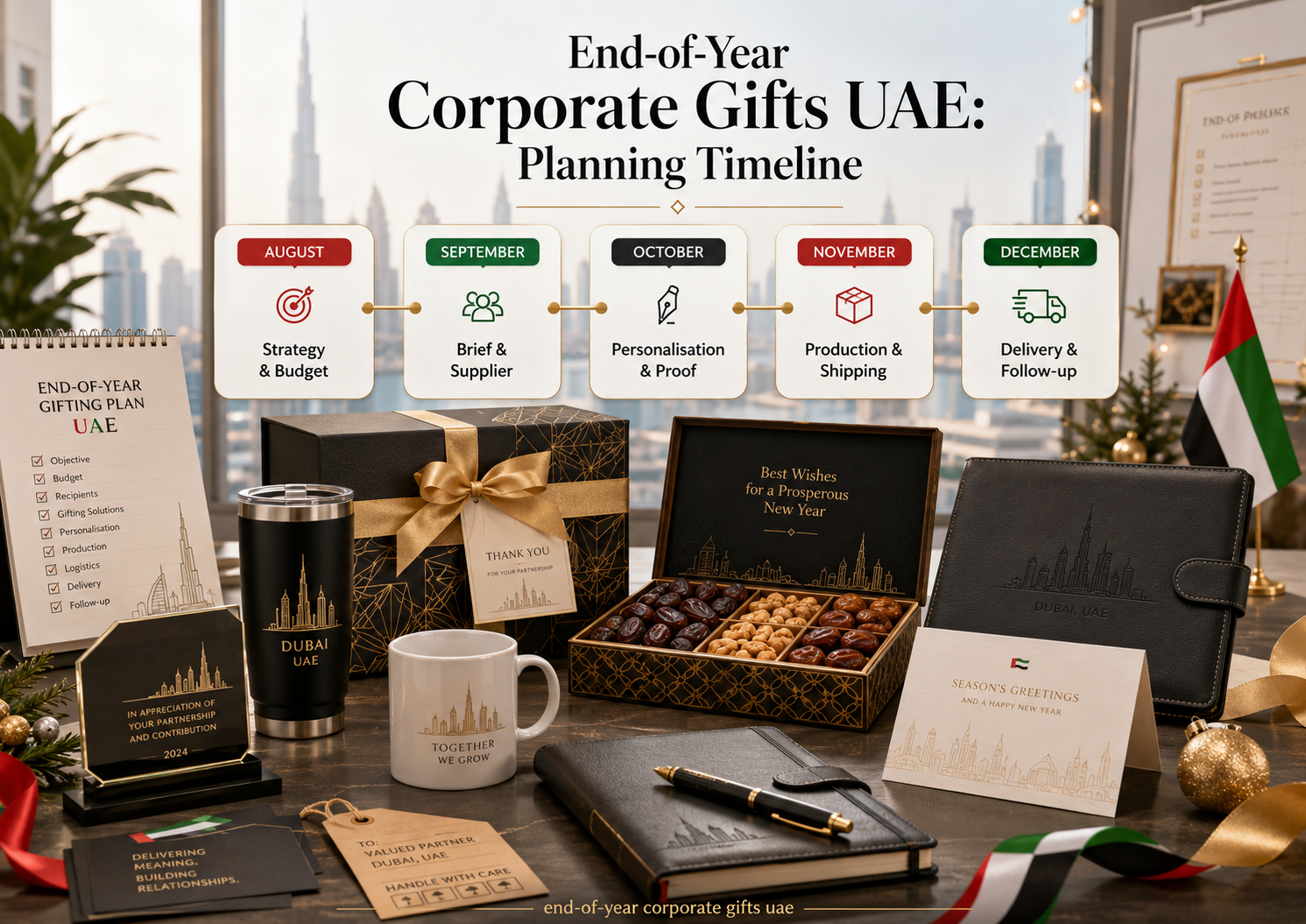 End-of-year corporate gifts UAE planning timeline with branded hampers, drinkware, leather gifts, dates, checklist and August to December delivery stages in a Dubai office.