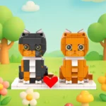 Custom brick figures of two cats (one black and one orange) sitting side by side on a white base, with a red heart symbol placed between them. Set against a colorful outdoor-style background with trees and flowers, this personalized pet building block design represents a cute custom cat couple keepsake, ideal for gifts, pet lovers, or decorative display.