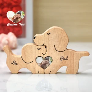 Personalized wooden dog couple puzzle featuring two adorable interlocking dogs engraved with custom names and a heart-shaped photo insert. Crafted from natural wood with customizable text and a favorite couple photo, this charming keepsake symbolizes love and companionship, making it a thoughtful gift for couples, anniversaries, Valentine's Day, weddings, engagements, or birthdays.