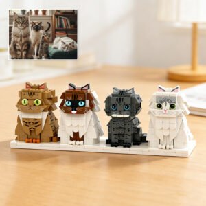Personalized custom brick cat figures recreated from photos, featuring four unique cats built with building blocks. A custom pet keepsake display for cat lovers, ideal for birthdays, memorials, housewarmings, or celebrating beloved feline companions.