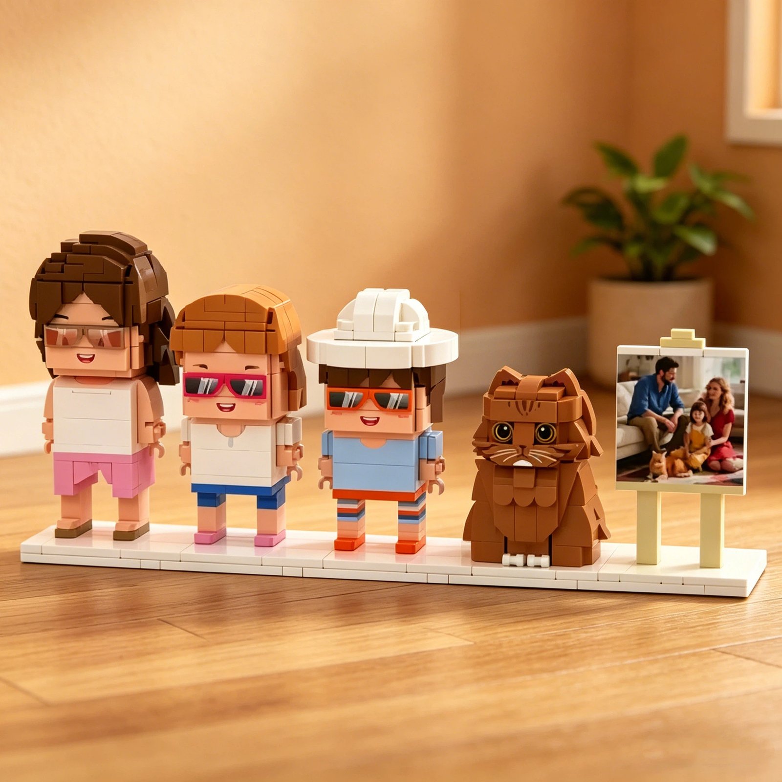 3a178af9-3f2f-41df-a3ea-db021f6d788c-0jpeg - printshop4me.ae ALT Text: Personalized building block family photo display featuring custom mini figures, a pet cat figure, and a small photo frame decoration for a unique family keepsake gift.