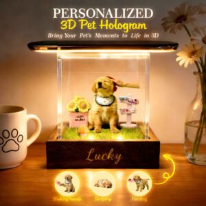 Personalized 3D pet hologram display with custom pet name engraved on a wooden LED base, featuring a lifelike holographic-style pet scene inside a clear acrylic display case. Includes customizable pet photos and animated poses such as shaking hands, sleeping, and feeding. A unique memorial or keepsake gift for dog and cat lovers, pet parents, birthdays, anniversaries, Christmas, and pet remembrance, adding a warm decorative touch to any home or office.