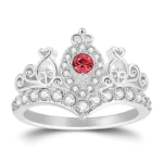 Elegant princess crown ring featuring a sparkling red center gemstone surrounded by brilliant clear crystals in a polished silver-tone band. Designed with intricate crown-inspired detailing, this royal-style statement ring makes a beautiful gift for women, girls, birthdays, anniversaries, Valentine's Day, Mother's Day, engagements, princess-themed celebrations, and special occasions. A timeless piece of fashion jewelry that adds sparkle and sophistication to any outfit.