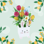 Easter floral decoration featuring colorful tulips and spring flowers arranged in a cute white bunny-shaped pot with a decorative botanical background. A festive spring flower display for Easter celebrations, seasonal gifting, and home decoration.