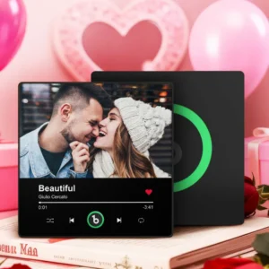 Custom music photo plaque featuring a couple’s romantic picture displayed in a music-player style design with playback controls and song details. Set against a pink Valentine-themed background with heart balloons and gifts, this personalized keepsake represents a custom photo and music gift for couples, ideal for anniversaries, Valentine’s Day, or romantic occasions.