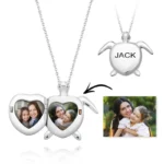 Silver turtle-shaped locket necklace with a chain, featuring a hinged design that opens to reveal two heart-shaped photo compartments containing a mother-and-child portrait. The image also includes a reference photo of the original mother and child on the right, along with an arrow indicating the transformation into the customized pendant.