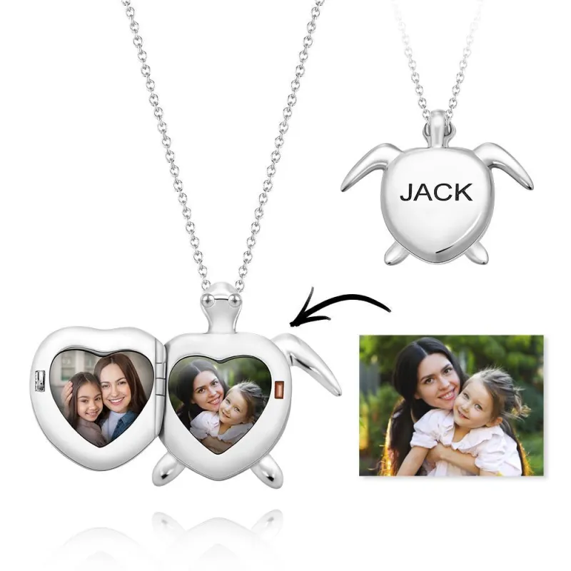 Silver turtle-shaped locket necklace with a chain, featuring a hinged design that opens to reveal two heart-shaped photo compartments containing a mother-and-child portrait. The image also includes a reference photo of the original mother and child on the right, along with an arrow indicating the transformation into the customized pendant.