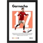 "Framed poster of Alejandro Garnacho in action wearing a red football jersey with number 17, white shorts, and black socks. Background features an orange square with the number 17. Includes a short biography describing him as an explosive Argentine winger, his dribbling, pace, and emerging talent at Manchester United. Poster also shows his signature and the year 2004."