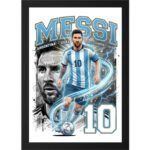"Framed Lionel Messi poster featuring Argentina football legend in national jersey #10, dynamic background with energy swirls, close-up face and action pose, modern graphic art print for football fans."