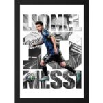 Front and back view of a framed poster featuring Lionel Messi in Argentina football kit, mid-action with a football, overlayed on a grayscale background of Messi’s portrait, with “LIONEL MESSI” bolded in large letters.