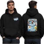 Argentina football hoodie - printshop4me.ae Front and back view of a black Argentina football hoodie featuring “Argentina 2026” text on the front and a large graphic of Lionel Messi celebrating with Argentina jersey on the back, worn by a male model in casual jeans.
