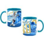 Front and back view of a ceramic coffee mug featuring Lionel Messi in Argentina football kit, blue handle, and vibrant graphics of Messi in action and jersey number 10.