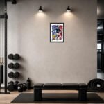 France football player photo frame displayed on a gym wall above a workout bench, featuring soccer-themed artwork and sports fan decor for fitness spaces.
