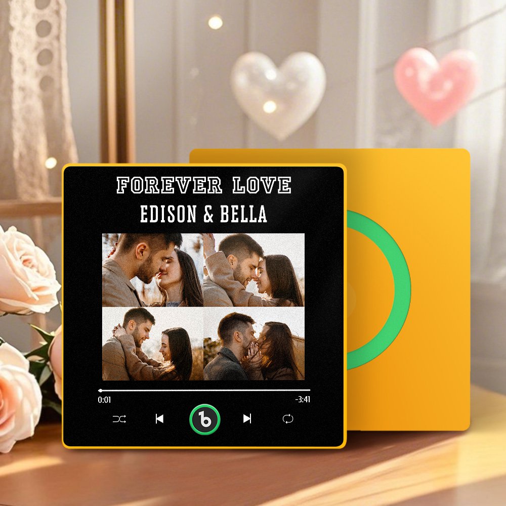 BXT0P1575X13jpg - printshop4me.ae Personalized custom music plaque featuring a four-photo collage, custom names, music player-inspired design, playback controls, progress bar, and scannable music code style. This personalized acrylic song plaque is a meaningful gift for couples, anniversaries, weddings, Valentine's Day, birthdays, engagements, or special occasions, allowing you to display cherished memories and celebrate your favorite song in a stylish tabletop keepsake.