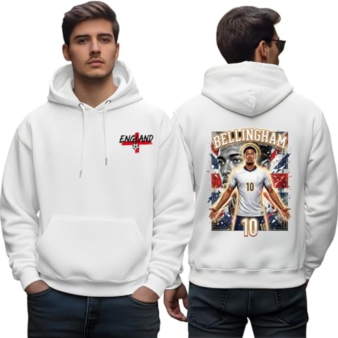 Bellingham Hoodie - printshop4me.ae Jude Bellingham England football player men's white hoodie featuring a front England logo print and a large Bellingham number 10 soccer graphic on the back, long sleeve pullover hoodie with kangaroo pocket.