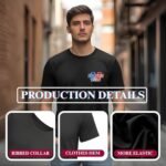France football men's black dry-fit T-shirt production details image showing ribbed collar, stitched hem, and elastic fabric features with front France 2026 logo.