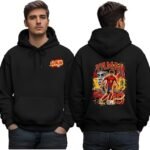 Black sports hoodie - printshop4me.ae "Front and back view of black Spain football hoodie featuring Yamal soccer player illustration, Spain national team colors, dynamic action pose, and FIFA World Cup trophy design."