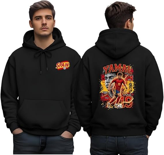 Black sports hoodie - printshop4me.ae "Front and back view of black Spain football hoodie featuring Yamal soccer player illustration, Spain national team colors, dynamic action pose, and FIFA World Cup trophy design."