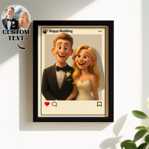Personalized cartoon wedding portrait wall art in a black frame, featuring a custom couple illustration styled like a social media post with customizable text. The design transforms a wedding photo into a fun animated keepsake, making it a unique gift for weddings, anniversaries, engagements, newlyweds, or home décor.