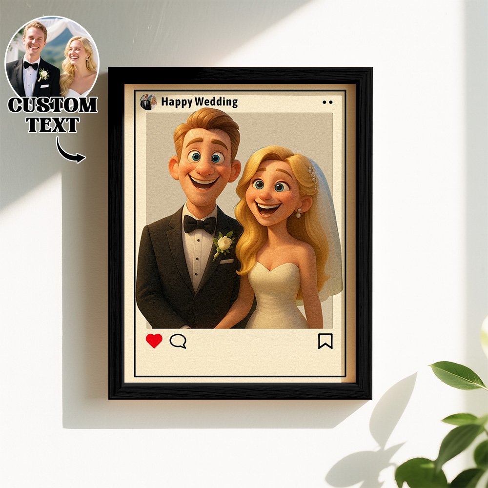 CBS0P2049X02_EF_BC_8CCBS0P2049X05_EF_BC_8CCBS0P2049X08jpg - printshop4me.ae Personalized cartoon wedding portrait wall art in a black frame, featuring a custom couple illustration styled like a social media post with customizable text. The design transforms a wedding photo into a fun animated keepsake, making it a unique gift for weddings, anniversaries, engagements, newlyweds, or home décor.