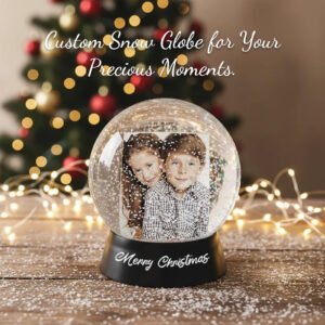 Personalized photo snow globe with a black base displaying a custom photo of two children surrounded by shimmering snowflakes. Set against a festive Christmas tree with warm string lights, the globe features the message “Merry Christmas” on the base and highlights it as a custom keepsake for treasured holiday memories.