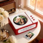 Personalized retro music player photo plaque featuring a couple's picture, custom text card, and decorative music notes for a romantic keepsake gift.