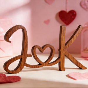 Wooden tabletop decorative sign spelling “J ❤️ K” in stylized script, with a heart shape replacing the letter “o,” displayed on a soft pink romantic background with hanging heart decorations and scattered paper hearts, suggesting a love-themed custom couple décor piece.