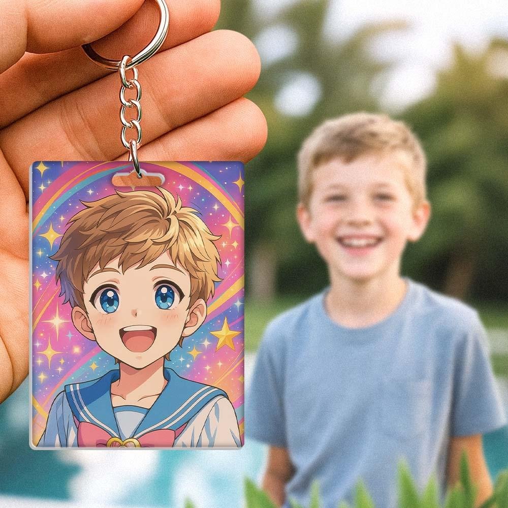 CPS0P014X01jpg - printshop4me.ae Personalized anime-style acrylic keychain created from a custom photo, featuring a cheerful cartoon portrait of a smiling boy with large blue eyes against a colorful rainbow and star background. The original photo is shown beside the keychain, highlighting the photo-to-anime transformation. A unique personalized keepsake for backpacks, keys, school bags, birthdays, or special gifts for kids.