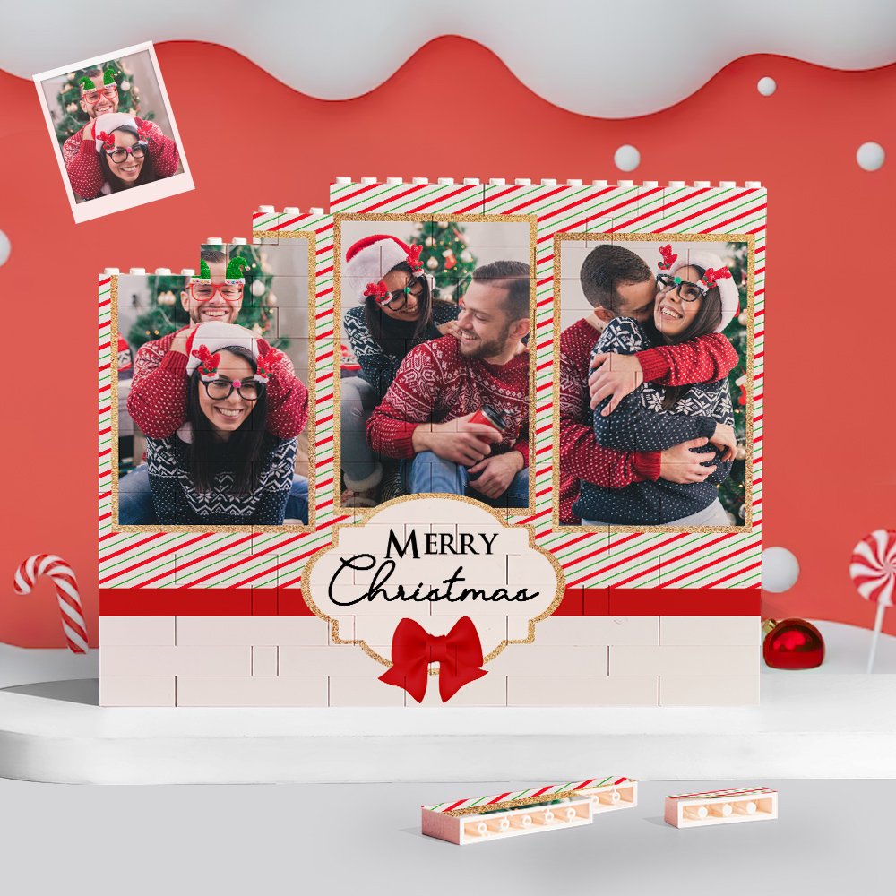 Personalized Christmas photo frame display with three custom family pictures, festive holiday design, Merry Christmas message, and decorative red bow ornament.