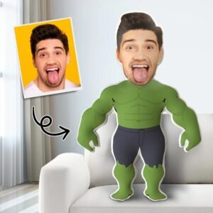 Personalized Hulk-style cartoon body custom face pillow featuring a man's face with a funny tongue-out expression, showing photo-to-cartoon transformation design for a custom gift.