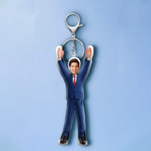 Personalized custom face keychain featuring a full-body figure wearing a blue business suit with raised arms and a custom photo face. This fun acrylic photo keychain is personalized from your uploaded photo, making a unique keepsake or novelty gift for friends, coworkers, family members, graduates, birthdays, Father's Day, office celebrations, retirements, and special occasions. Durable, lightweight, and easy to attach to keys, bags, backpacks, or luggage.
