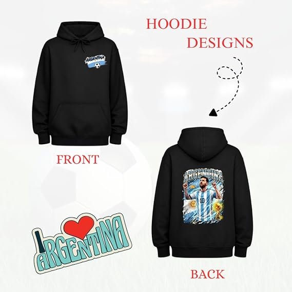 Casual sports wear - printshop4me.ae Front and back view of a black Argentina 2026 football-themed hoodie. Front features a small Argentina 2026 logo with a soccer ball. Back showcases a vibrant graphic of Lionel Messi celebrating with Argentina kit, Argentine flag, and trophy illustration. Male model wearing the hoodie, standing in a stadium environment.