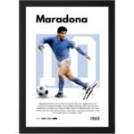 "Diego Maradona in action wearing Argentina blue and white jersey, number 10, kicking a football. Graphic poster style with ‘Maradona’ text at top, includes signature and career highlights description. Framed poster design."