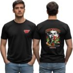 Morocco football men's black T-shirt featuring a small Morocco chest logo on the front and a large Hakim Ziyech number 7 World Cup 2026 inspired graphic on the back.