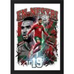 Morocco football striker poster featuring Youssef En-Nesyri in a number 19 jersey, dynamic action pose, lightning effects, Moroccan flag background, and bold “EN-NESYRI” typography.