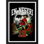 Youssef En-Nesyri Morocco football player photo frame featuring black background, large “EN-NESYRI” text, number 19, dynamic action pose, Moroccan flag colors, lightning and flame effects.