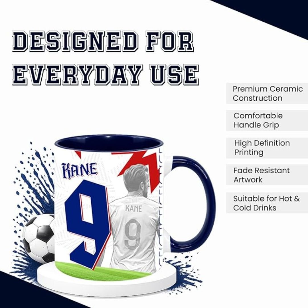 England Ceramic Coffee Mug - printshop4me.ae Harry Kane England football player 11 oz ceramic mug featuring jersey number 9 artwork with blue handle and interior, displayed with premium ceramic construction, comfortable grip, high-definition printing, and hot and cold drink compatibility.