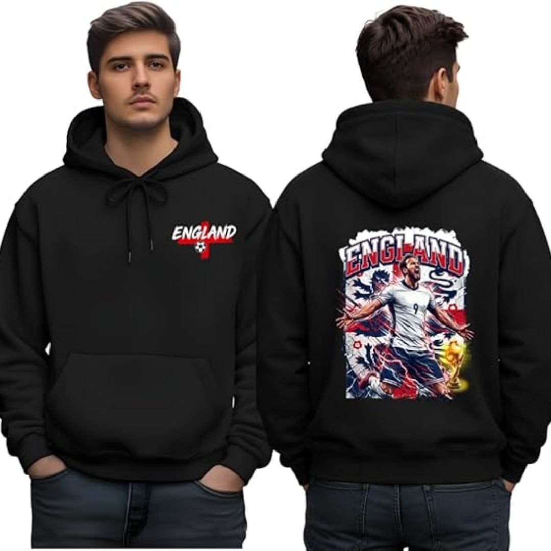England Hoodie - printshop4me.ae England football player men's hoodie with front England logo print and large soccer player graphic on the back, black pullover hoodie with kangaroo pocket and long sleeves.