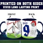 England National Team Mug - printshop4me.ae Harry Kane England football player ceramic mug with double-sided print showing front action artwork and back jersey number 9 design, featuring blue handle and interior with vivid long-lasting football-themed graphics.