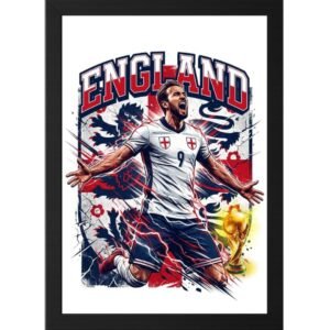 England football player - printshop4me.ae "England football player celebrating goal in white national team kit with number 9, dynamic action pose, FIFA World Cup trophy, and England flag background, framed wall poster."